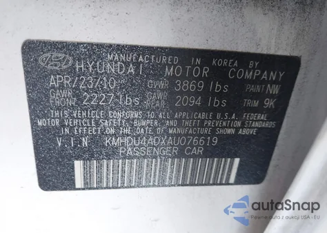 2010 Hyundai Elantra Gls from USA, damaged, VIN KMHDU4ADXAU076619